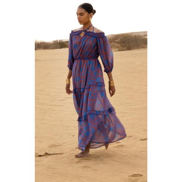 Mallory The Label Ramla Tiered Off Shoulder Maxi Dress S/M Blue Orange Floral - Picture 2 of 9